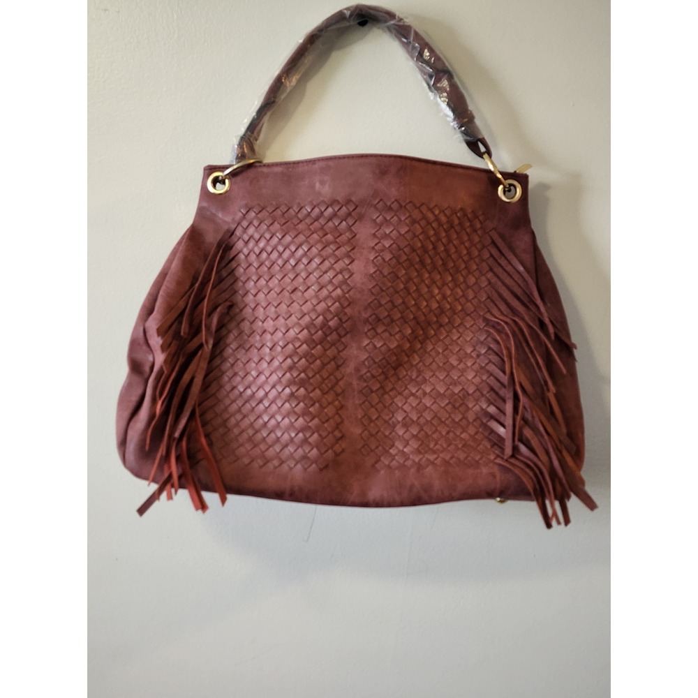 Mellow World NWOT Amethyst Faux Leather Woven Fringe Hobo Bag Burgundy Boho